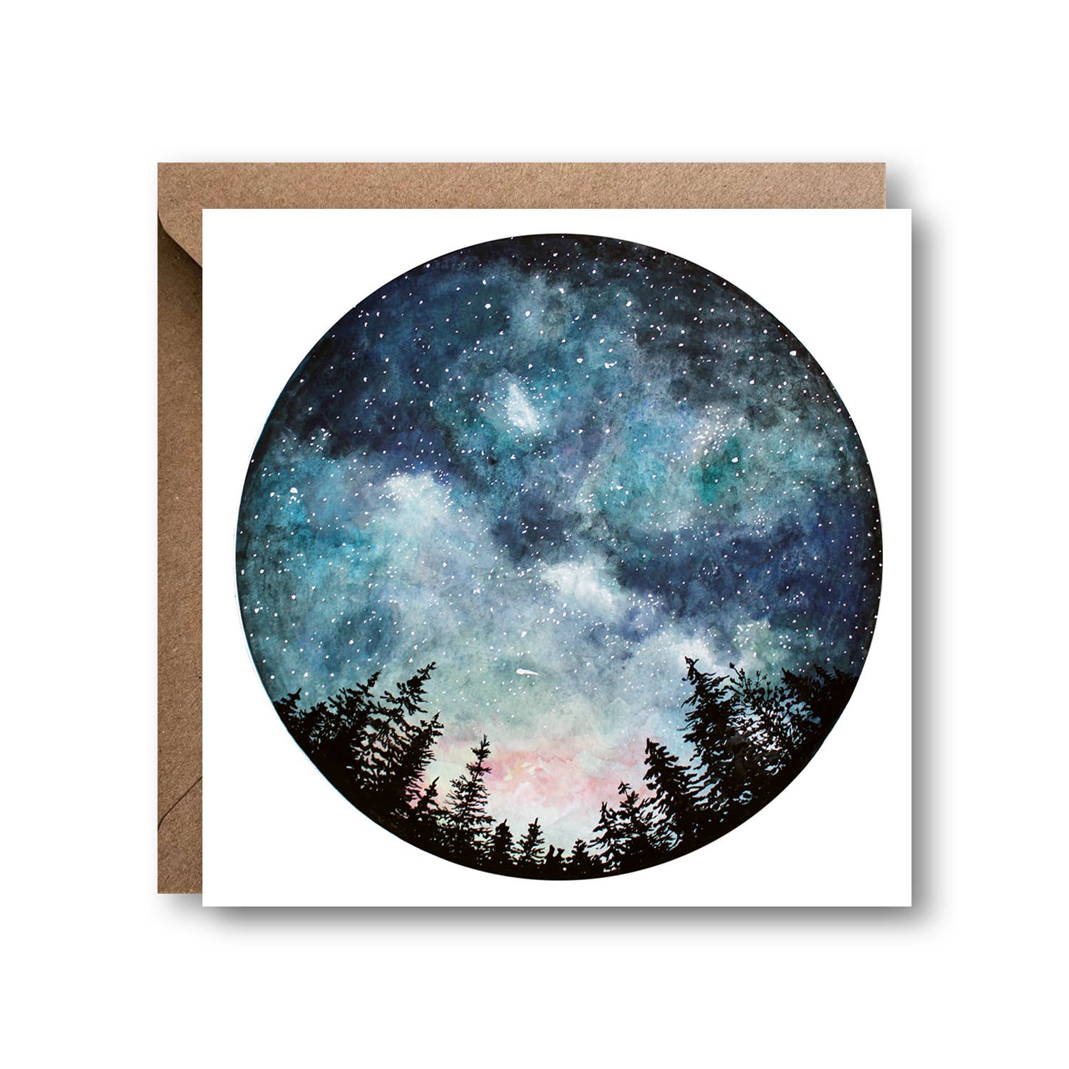 Starry Sky greetings card with circular night sky illustration on kraft envelope