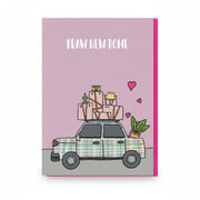 Braw New Home card with a tartan car loaded with boxes and a plant
