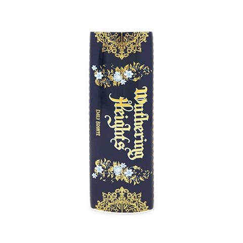 Wuthering Heights book vase side view with vertical gold text detail