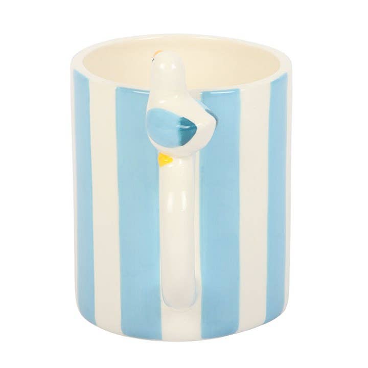 Blue striped seagull mug viewed from the side on white background