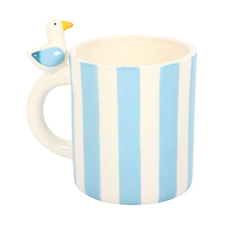 Blue and white striped mug with seagull handle full view