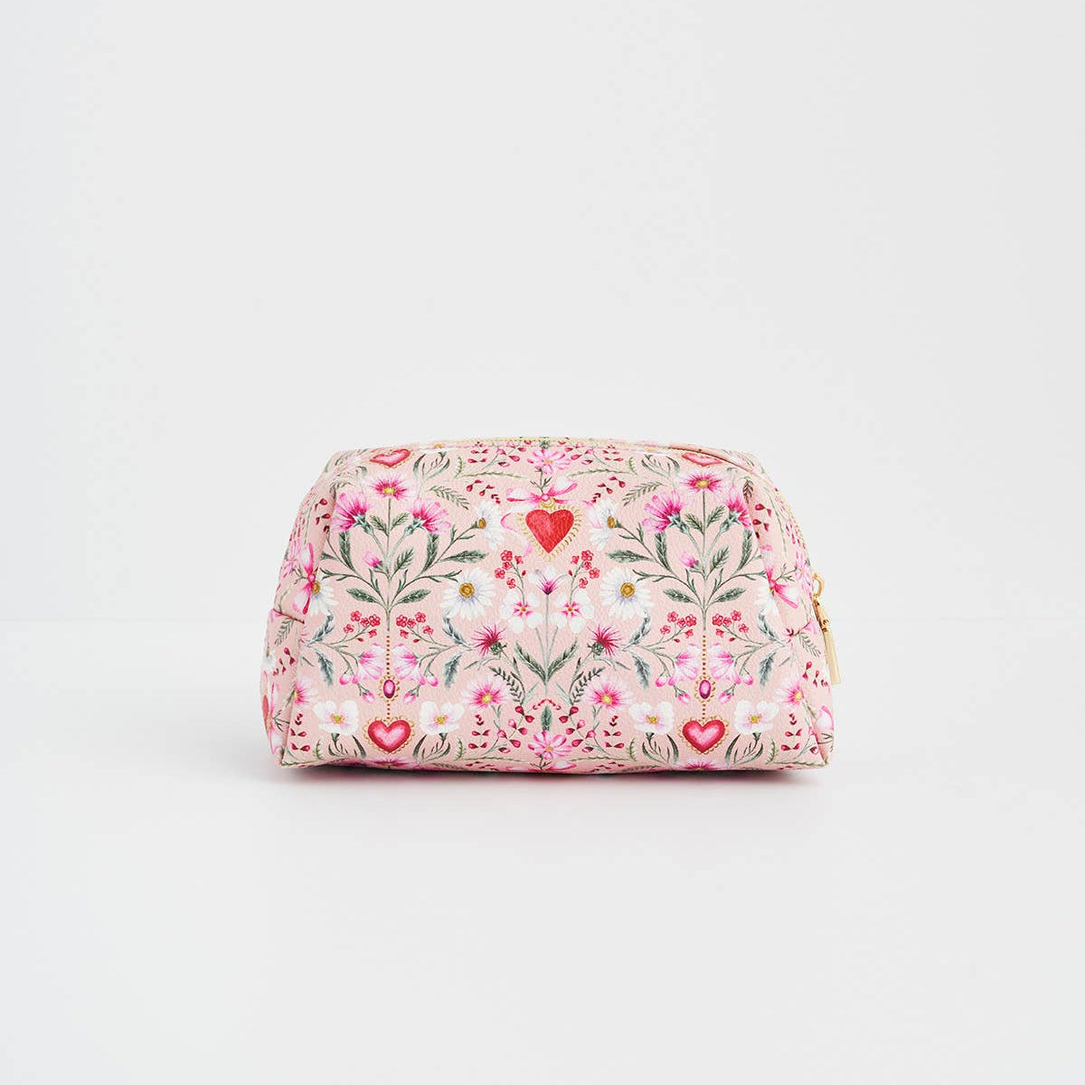 Pink pouch shown open with the full-width zip undone