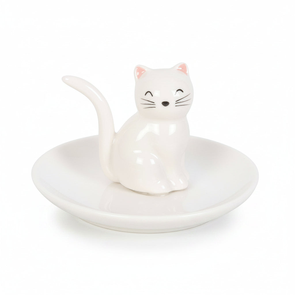 Front view of white cat face ceramic trinket dish