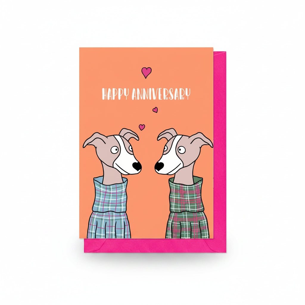 Scottish anniversary card illustrated with two whippets in tartan jumpers.