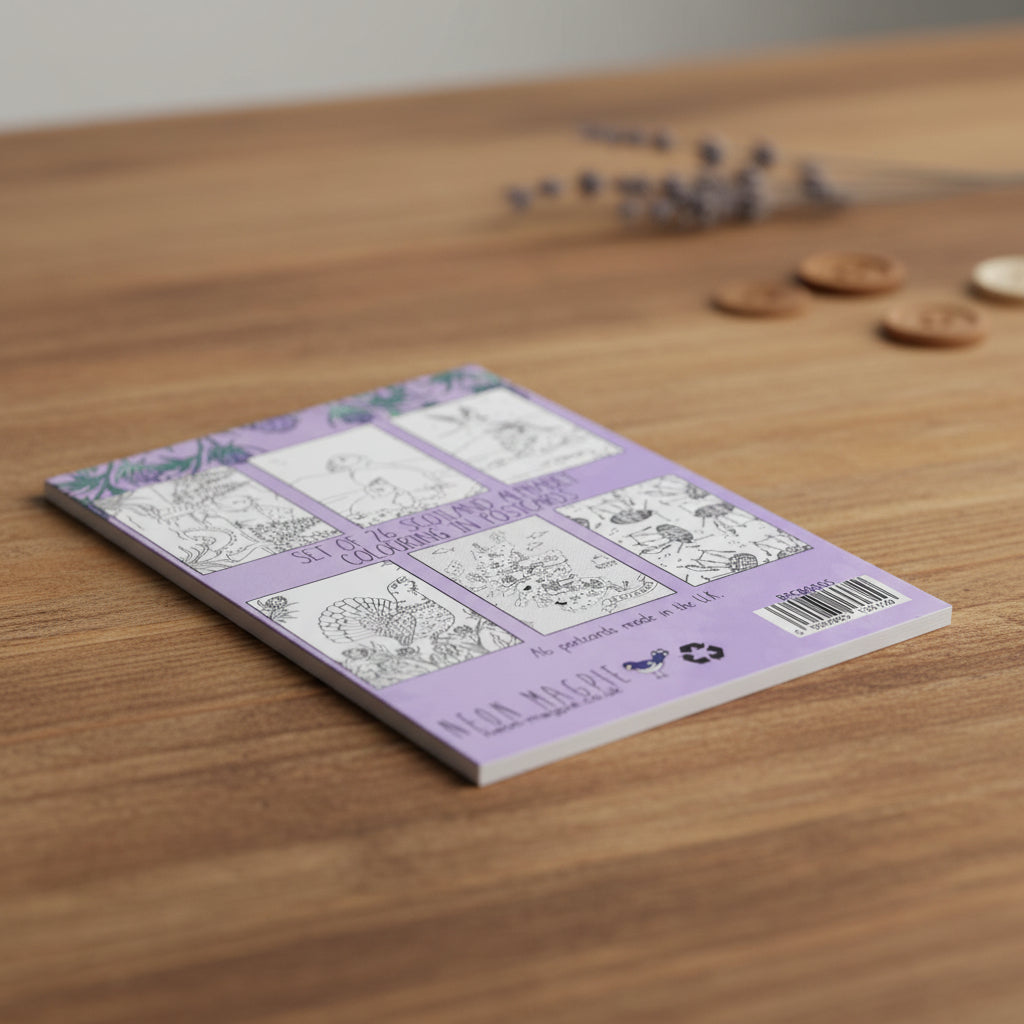 Set of Scottish alphabet colouring postcards showing the line illustrations