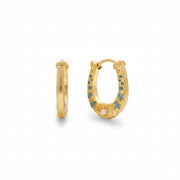 Fable England horseshoe hoop earrings in worn gold with blue enamel florals