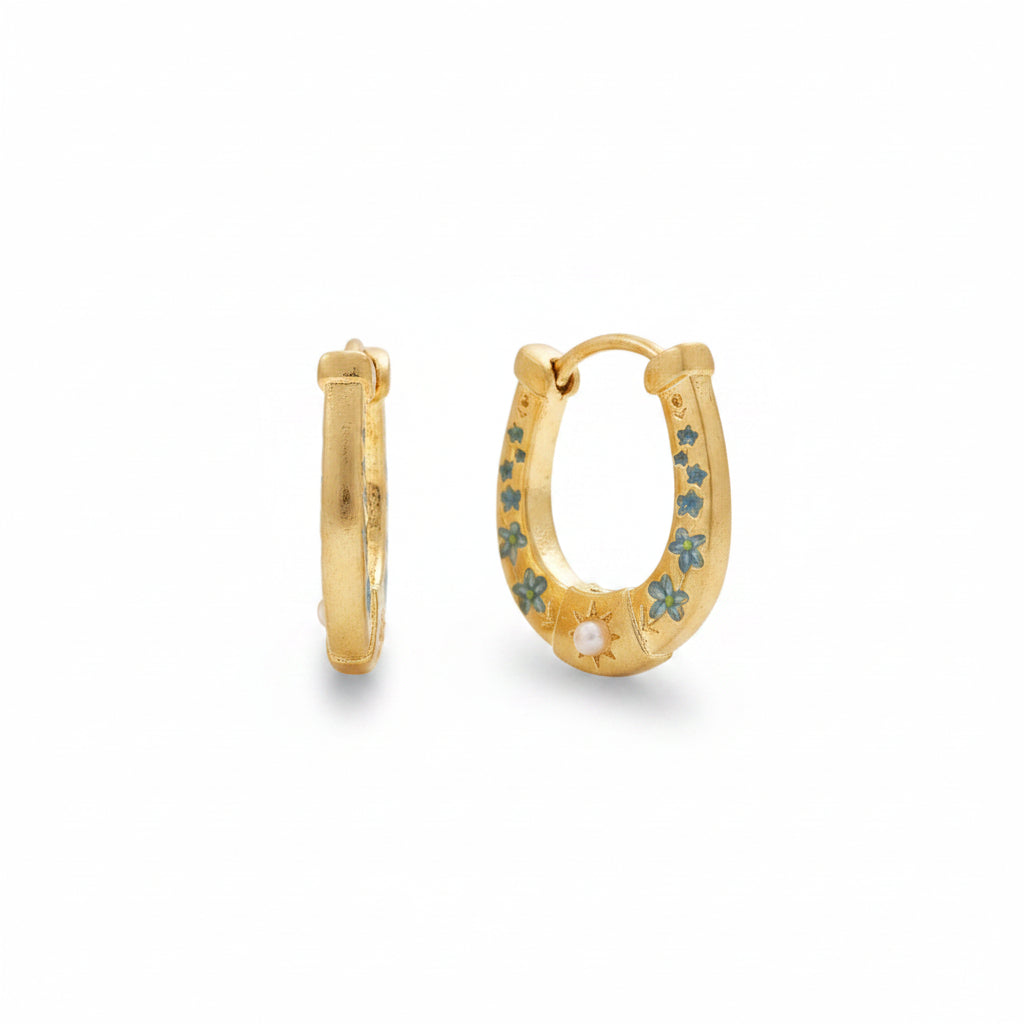 Fable England horseshoe hoop earrings in worn gold with blue enamel florals