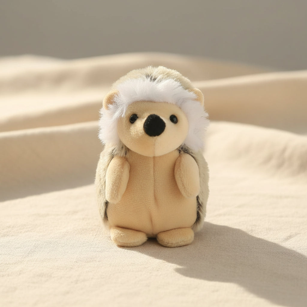 Jomanda mini hedgehog soft toy held in a hand, front view