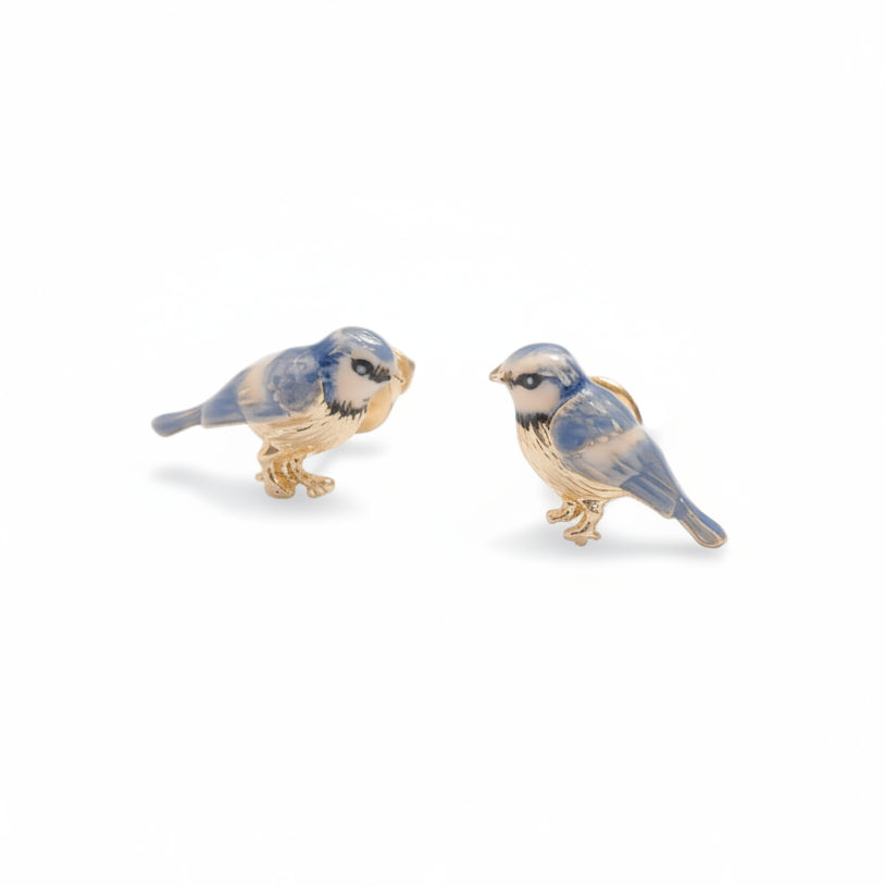 Fable England enamel blue tit stud earrings, front view