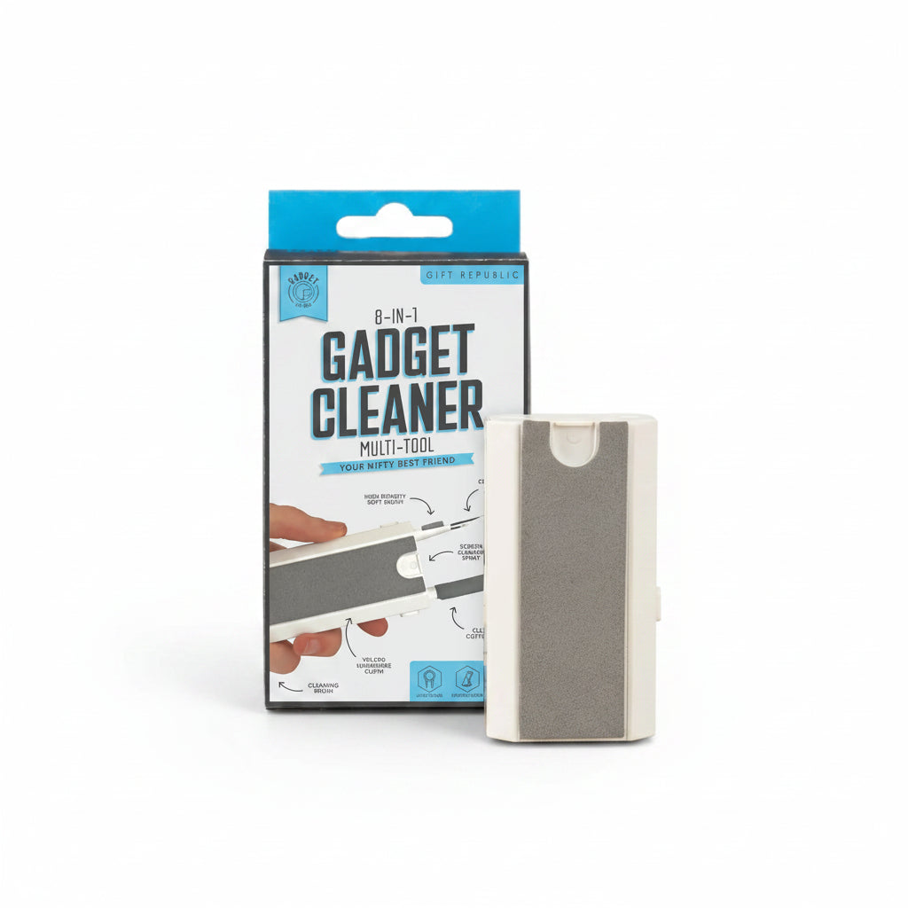 8-in-1 gadget cleaner multi-tool in retail packaging on desk.