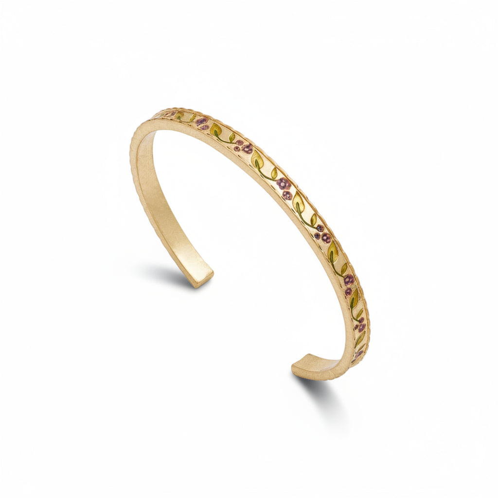 Fable England blackberry bramble cuff bangle in worn gold with enamel berries