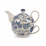 Blue Willow tea-for-one set showing stacking teapot on cup design with TEA time is ME time text and blue floral pattern on white background