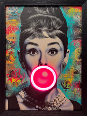 Audrey LED neon framed wall art by Amber Bright Creations, a neon portrait mounted in a frame