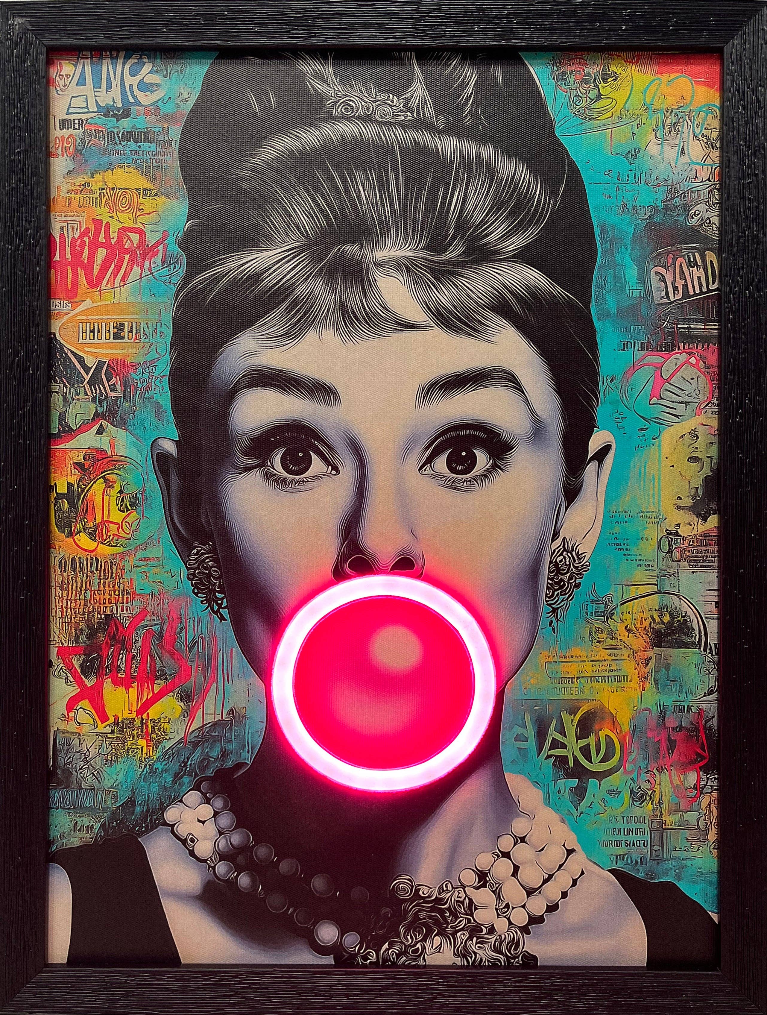Audrey LED neon framed wall art by Amber Bright Creations, a neon portrait mounted in a frame