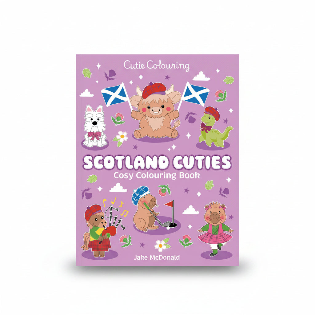 Children's coloring book titled 'Scotland Cuties' with cartoon characters on a purple background.