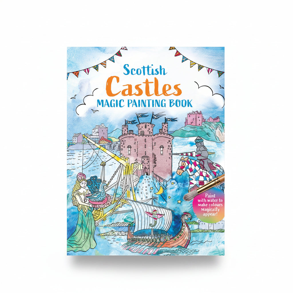 Scottish Castles Magic Painting Book cover featuring castle illustration