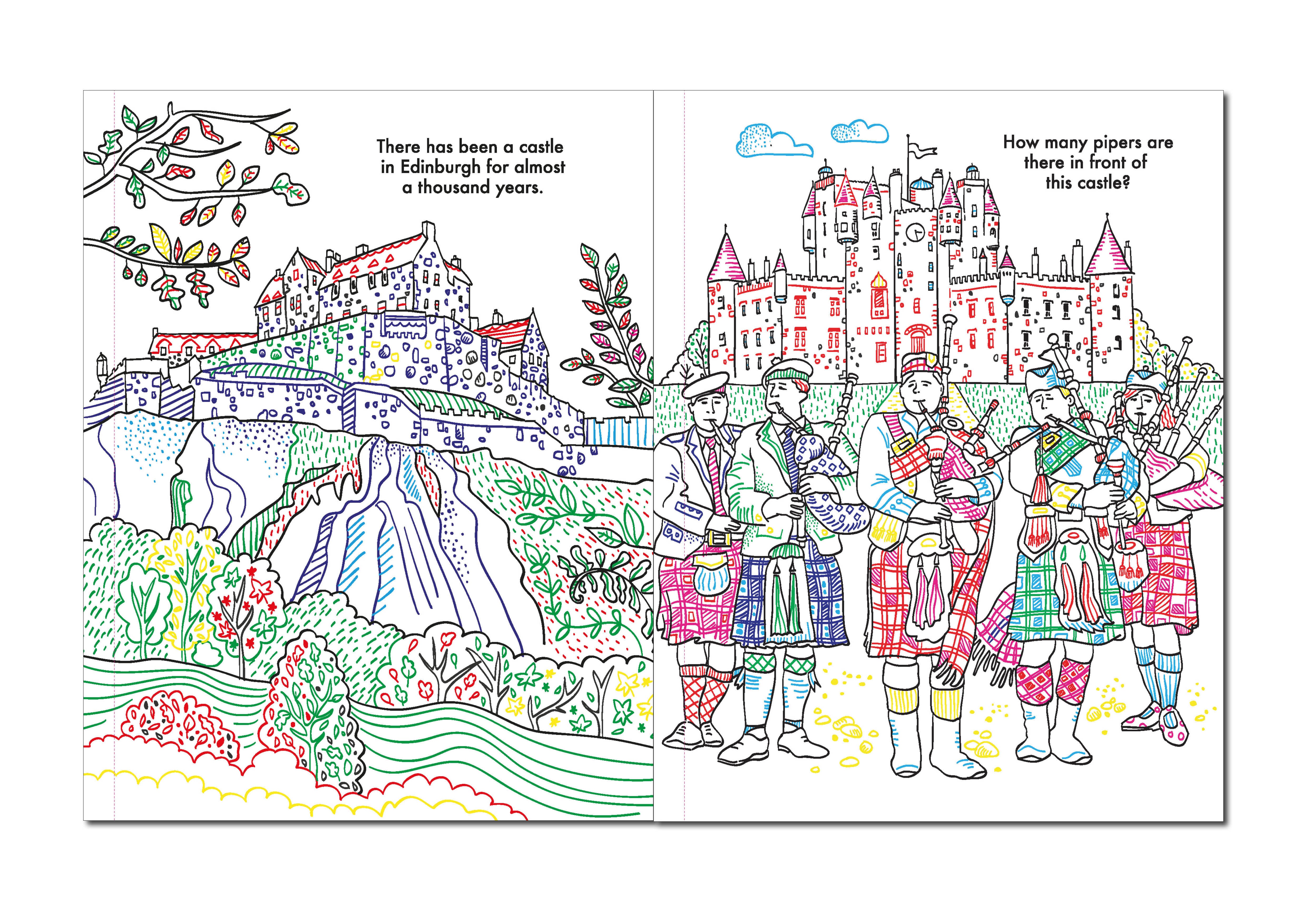 Scottish Castles Magic Painting Book spread showing castle scene to paint