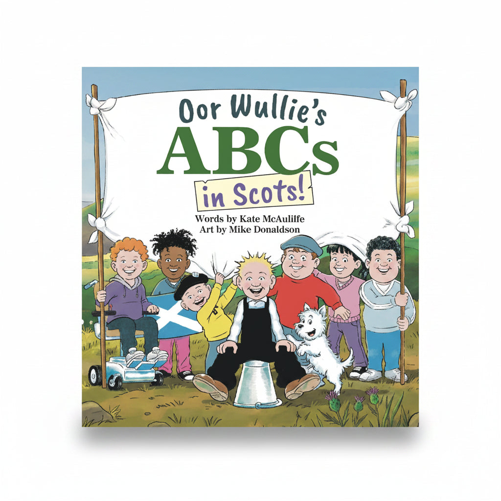 Oor Wullie's ABCs in Scots book cover with Oor Wullie cartoon illustration