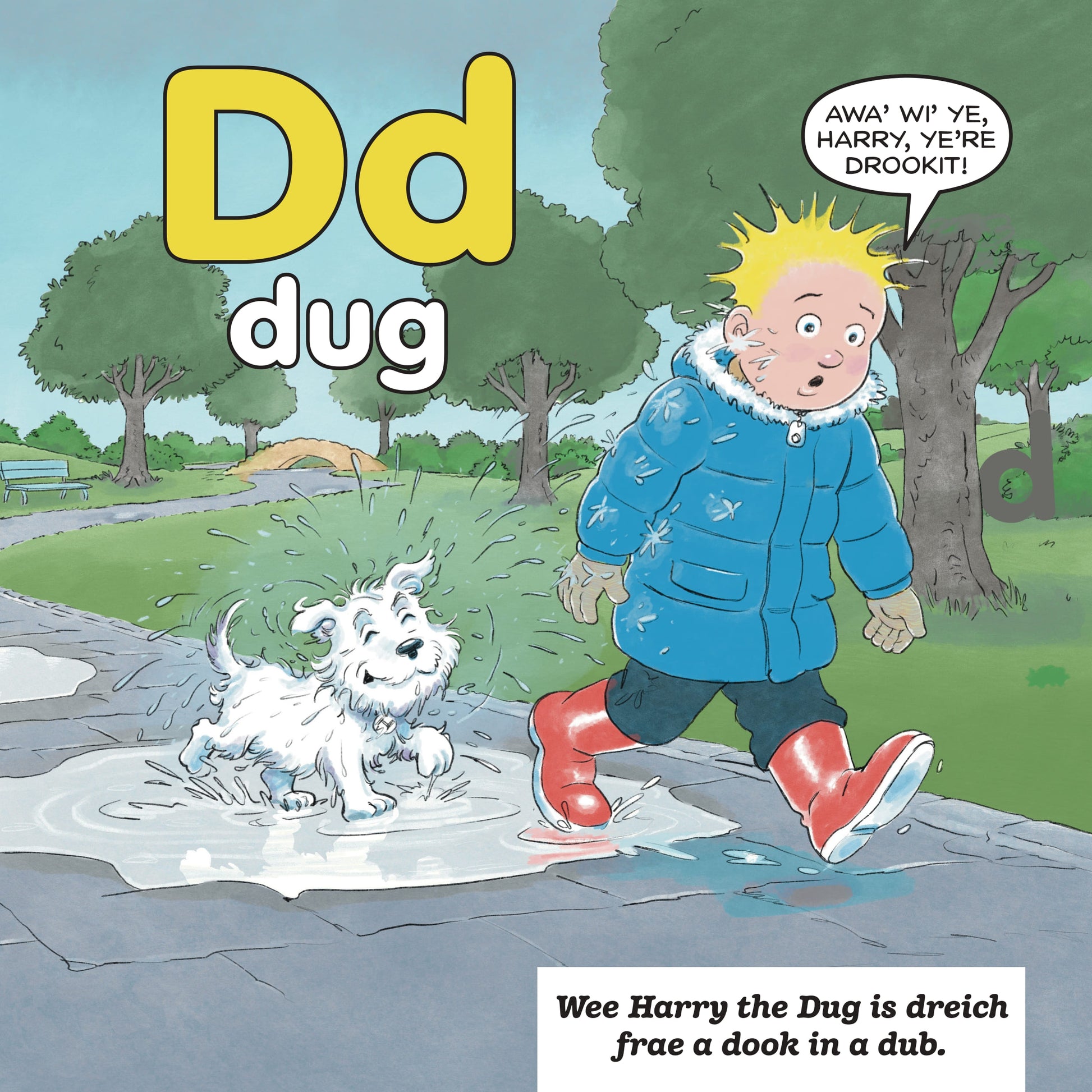 Oor Wullie's ABCs in Scots spread introducing Scots alphabet words