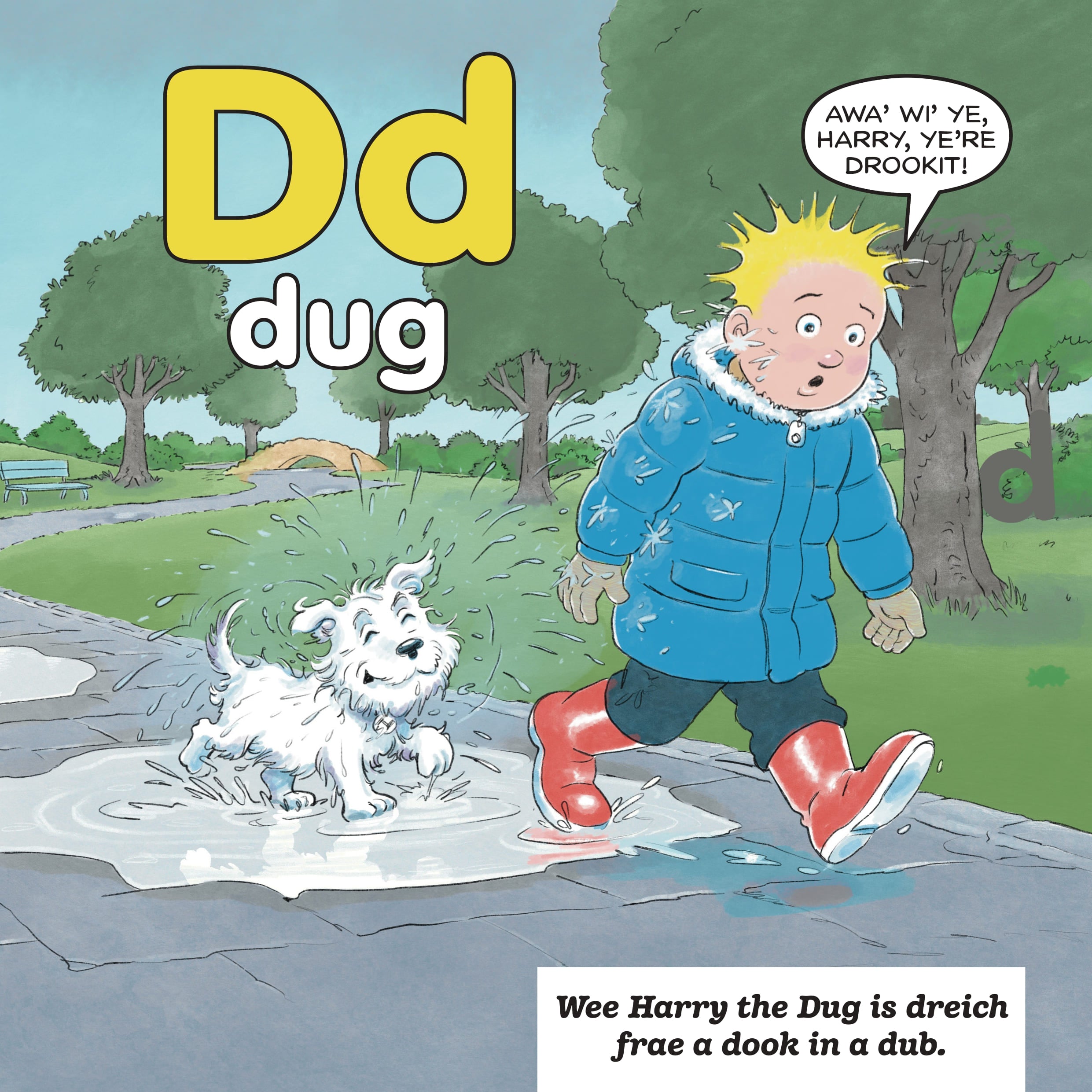 Oor Wullie's ABCs in Scots spread introducing Scots alphabet words