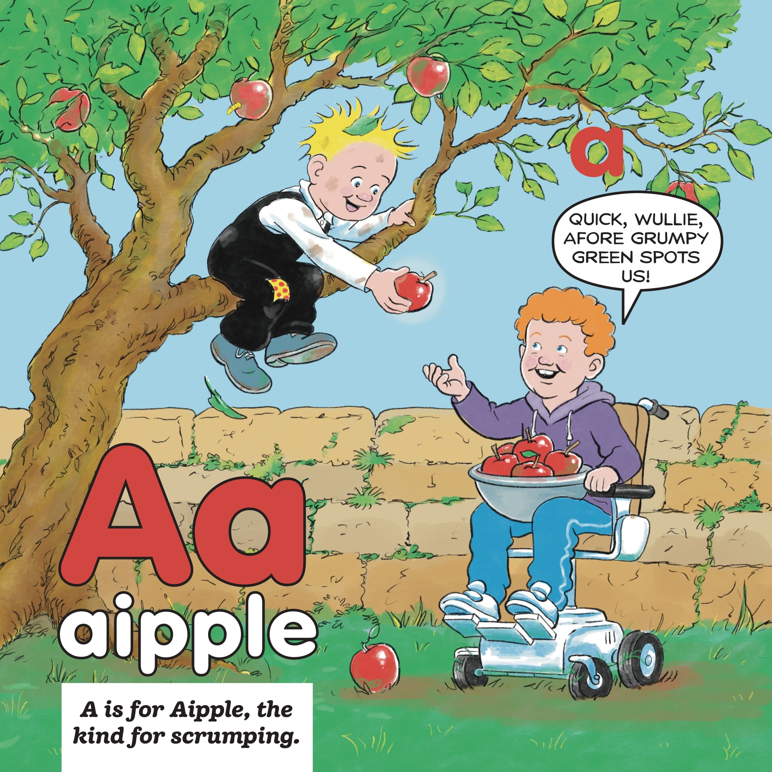 Oor Wullie's ABCs in Scots colourful page with hidden letter to spot