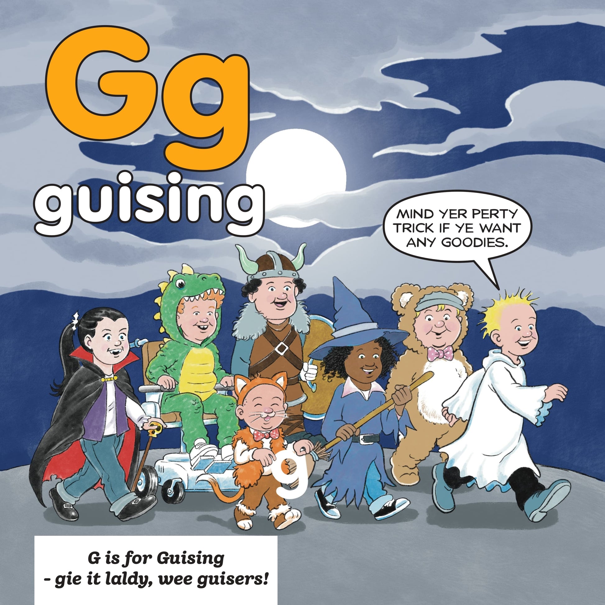 Oor Wullie's ABCs in Scots illustrated spread with Wullie and pals