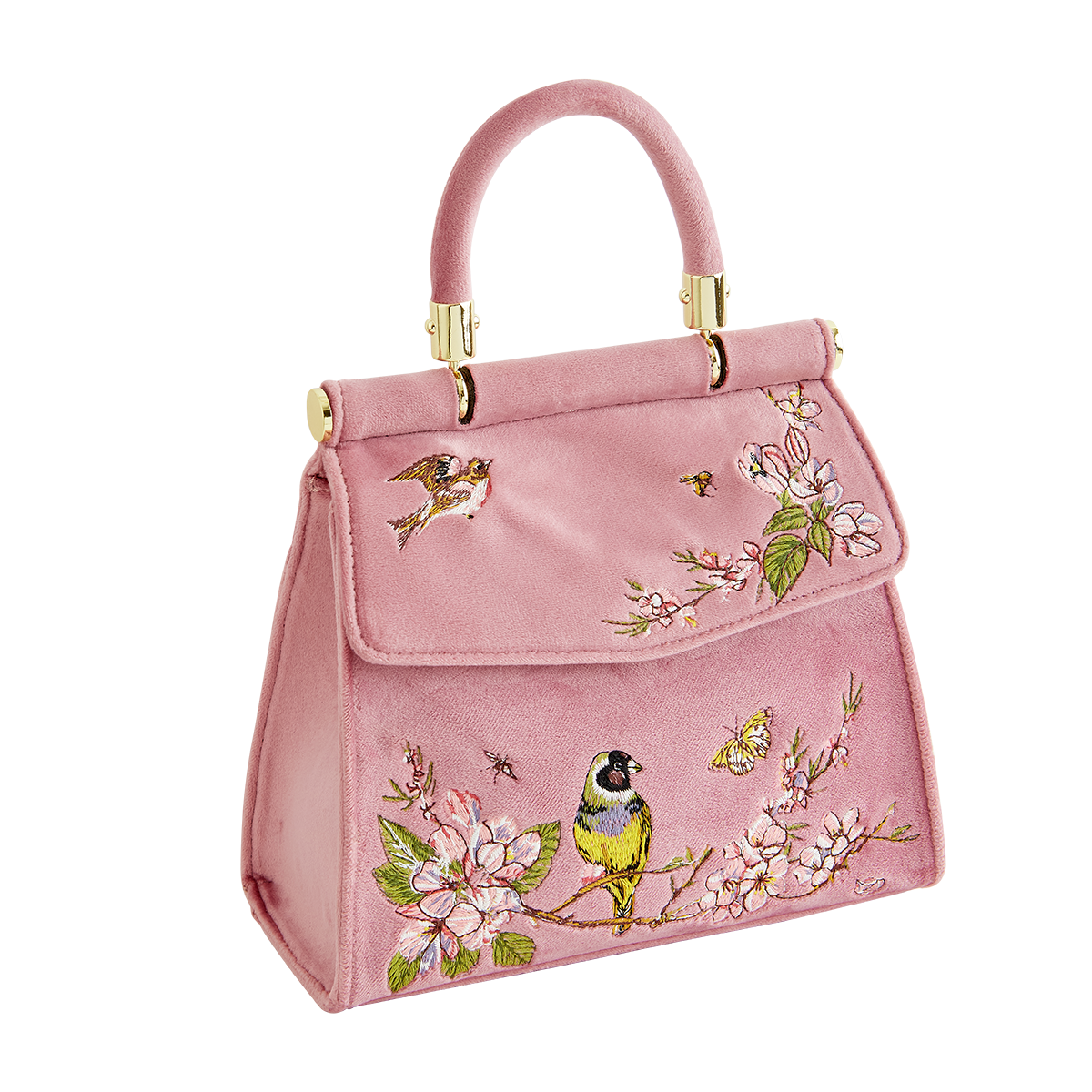 Angled view of pink embroidered tote showing blue tit and blossom