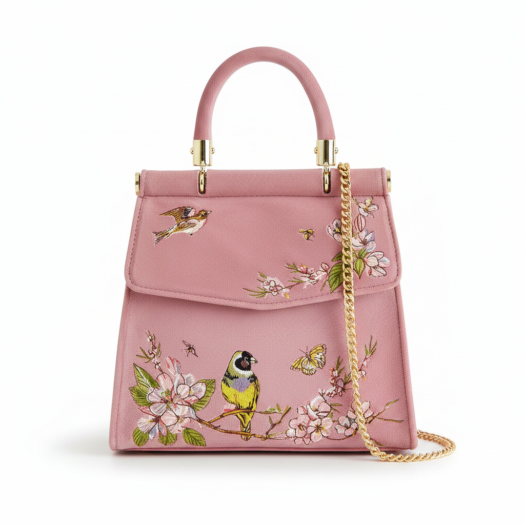 Pink velvet bird embroidered mini tote with gold chain front view
