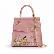 Pink velvet bird embroidered mini tote with gold chain front view