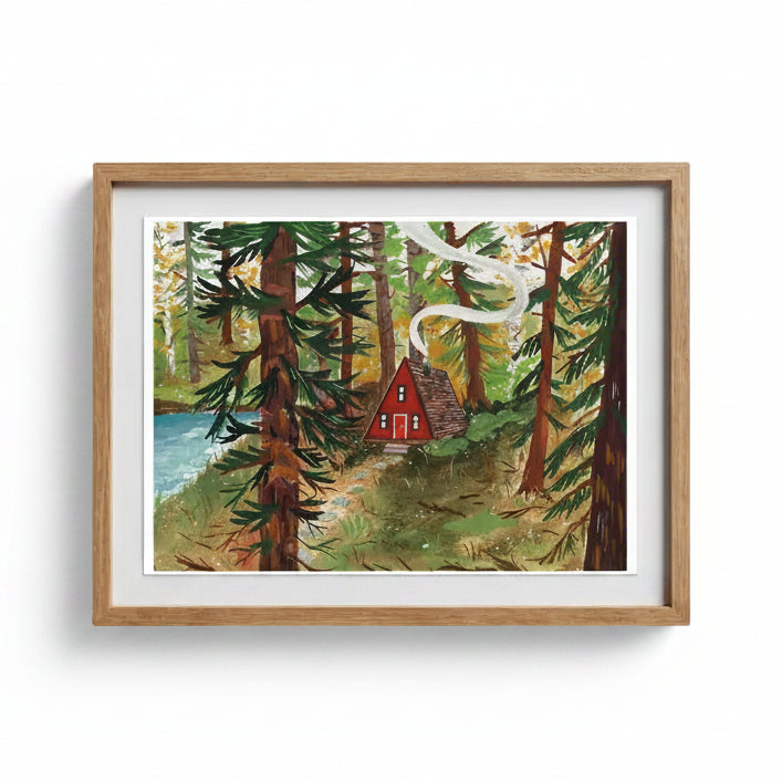 A-Frame Cabin giclee art print by Charis Raine showing a cabin in an autumn woodland
