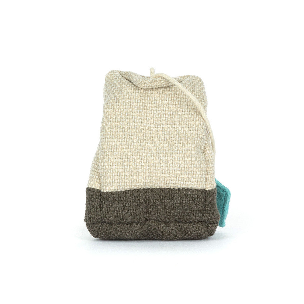 Jellycat Steepy Tea Bag side profile view with string loop on white background