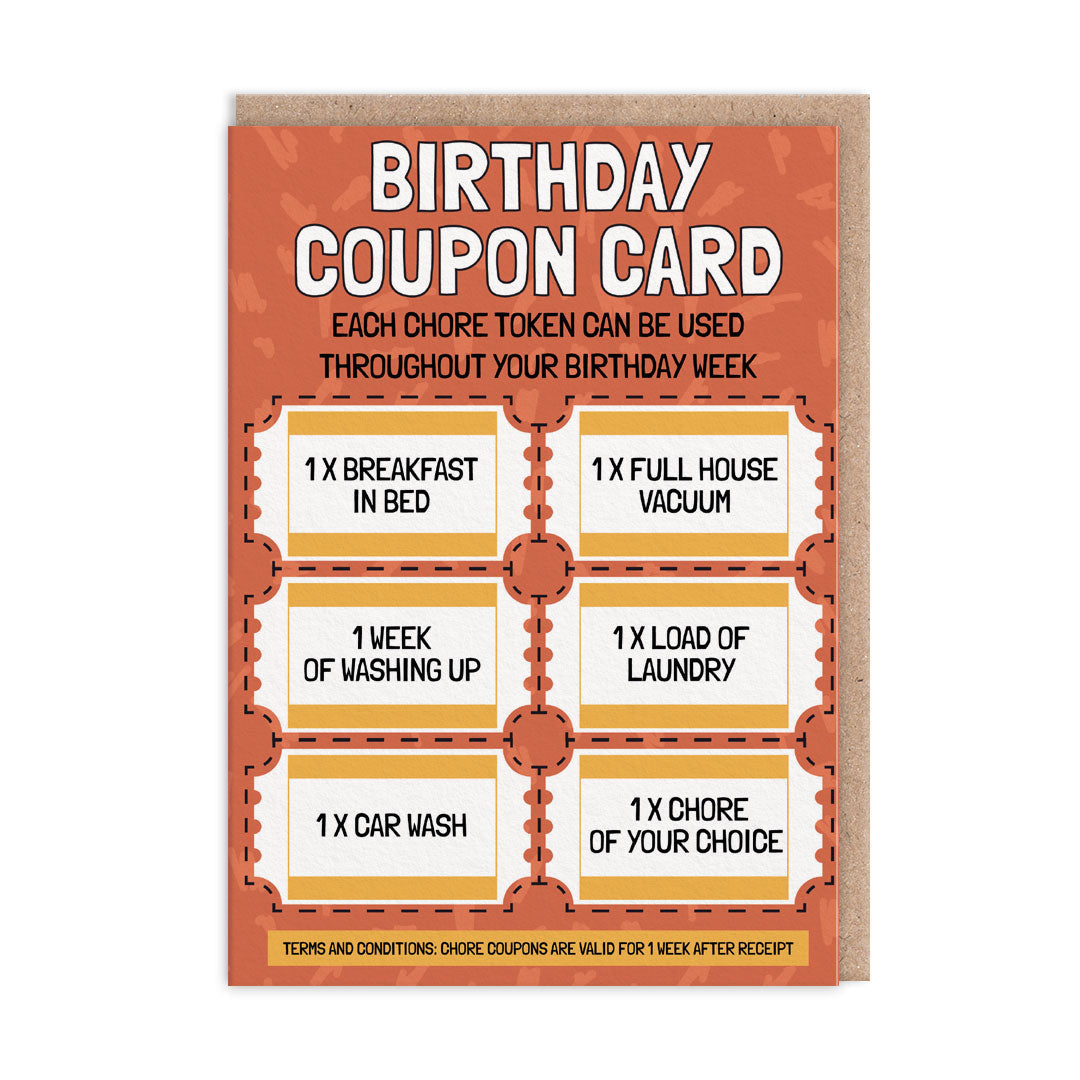 Orange birthday coupon card printed with six chore tokens to redeem