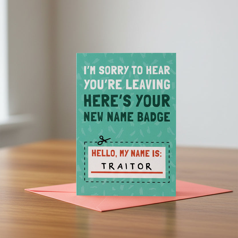 Card with humorous text and name badge design on a teal background
