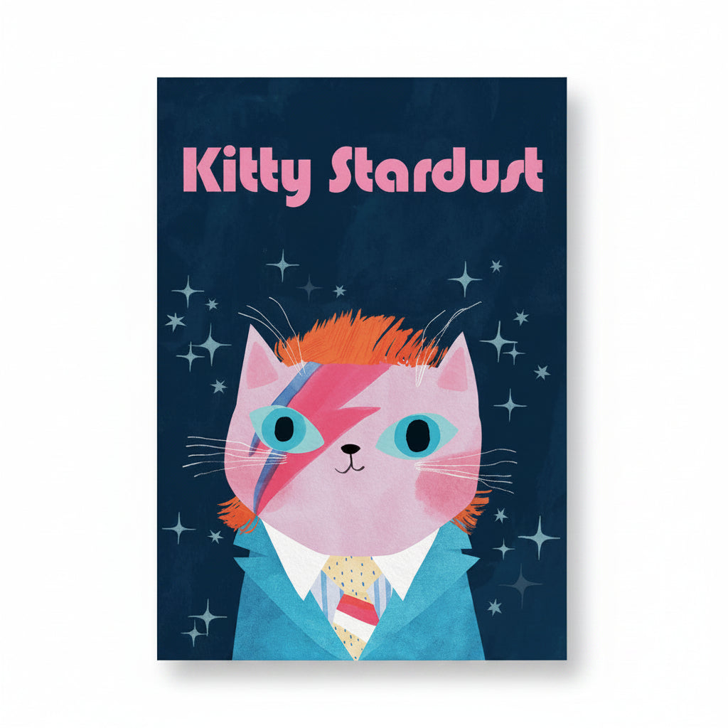 Navy card with a pink cat wearing a lightning bolt across its face