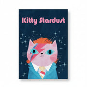 Navy card with a pink cat wearing a lightning bolt across its face