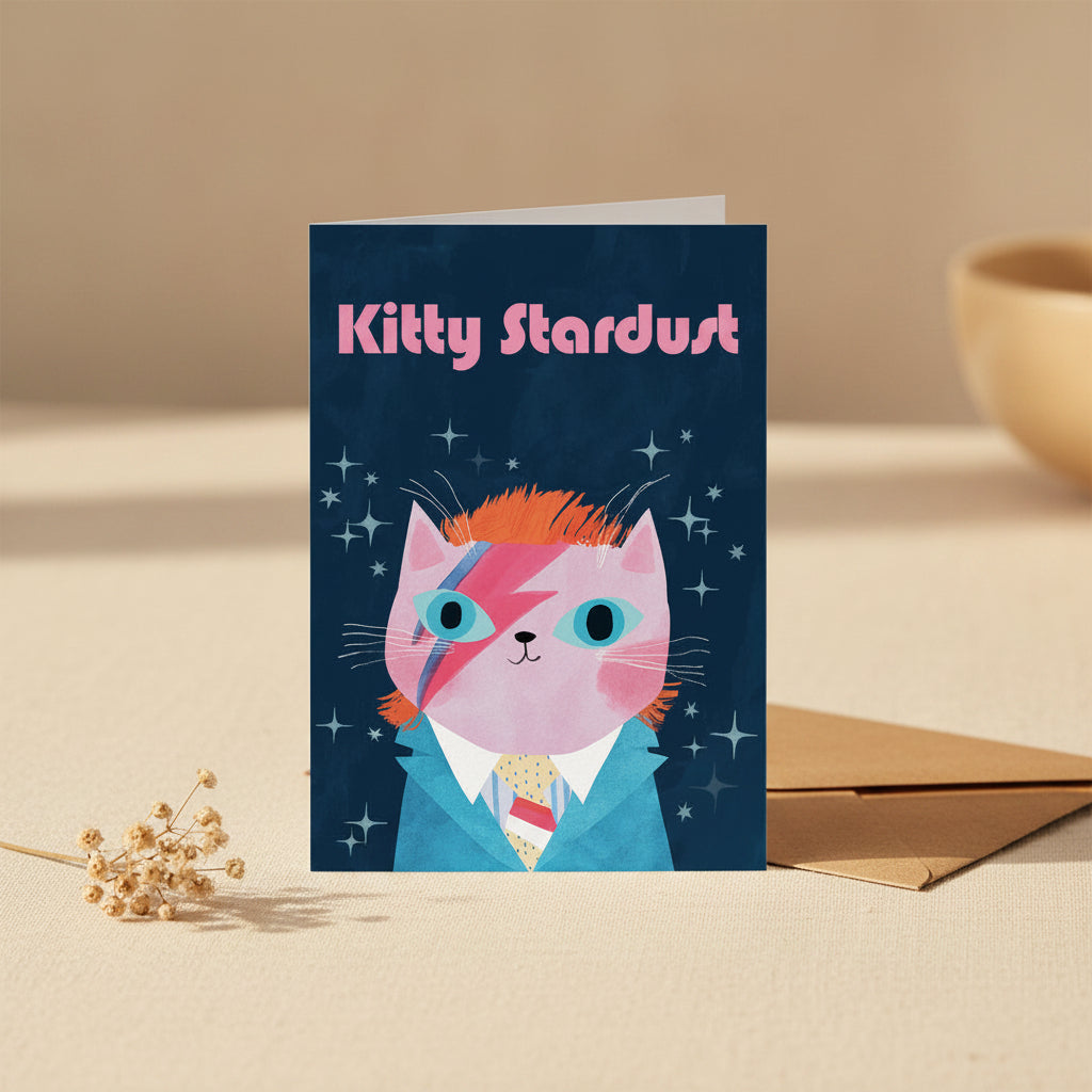 Greeting card with a cat illustration resembling David Bowie, titled 'Kitty Stardust'.