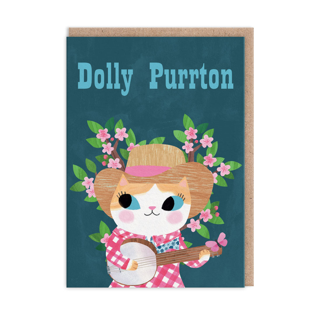 Teal greeting card with a cowgirl cat playing a banjo among blossom