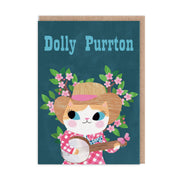 Teal greeting card with a cowgirl cat playing a banjo among blossom