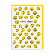 White birthday card covered in small hand-drawn yellow smiley faces