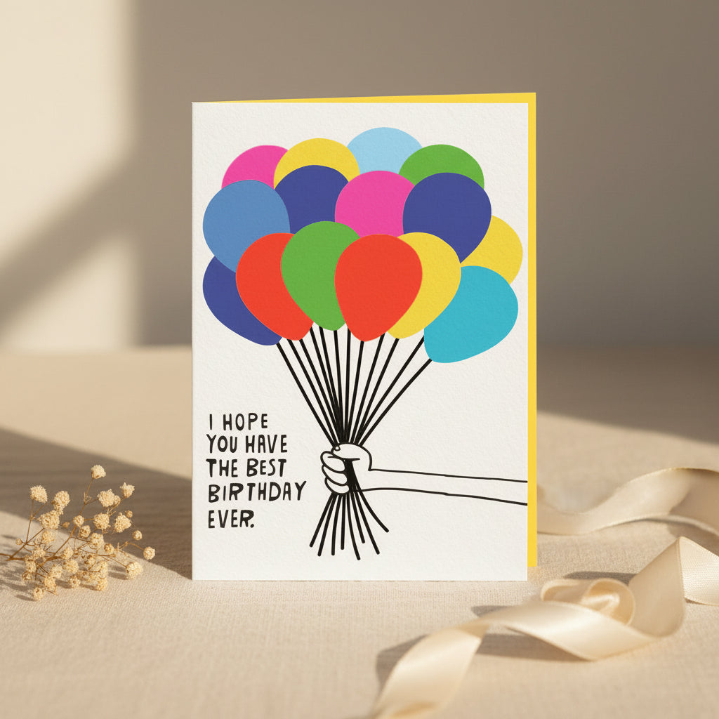 Greeting card with colorful balloons and a hand holding them, with text 'I hope you have the best birthday ever.'