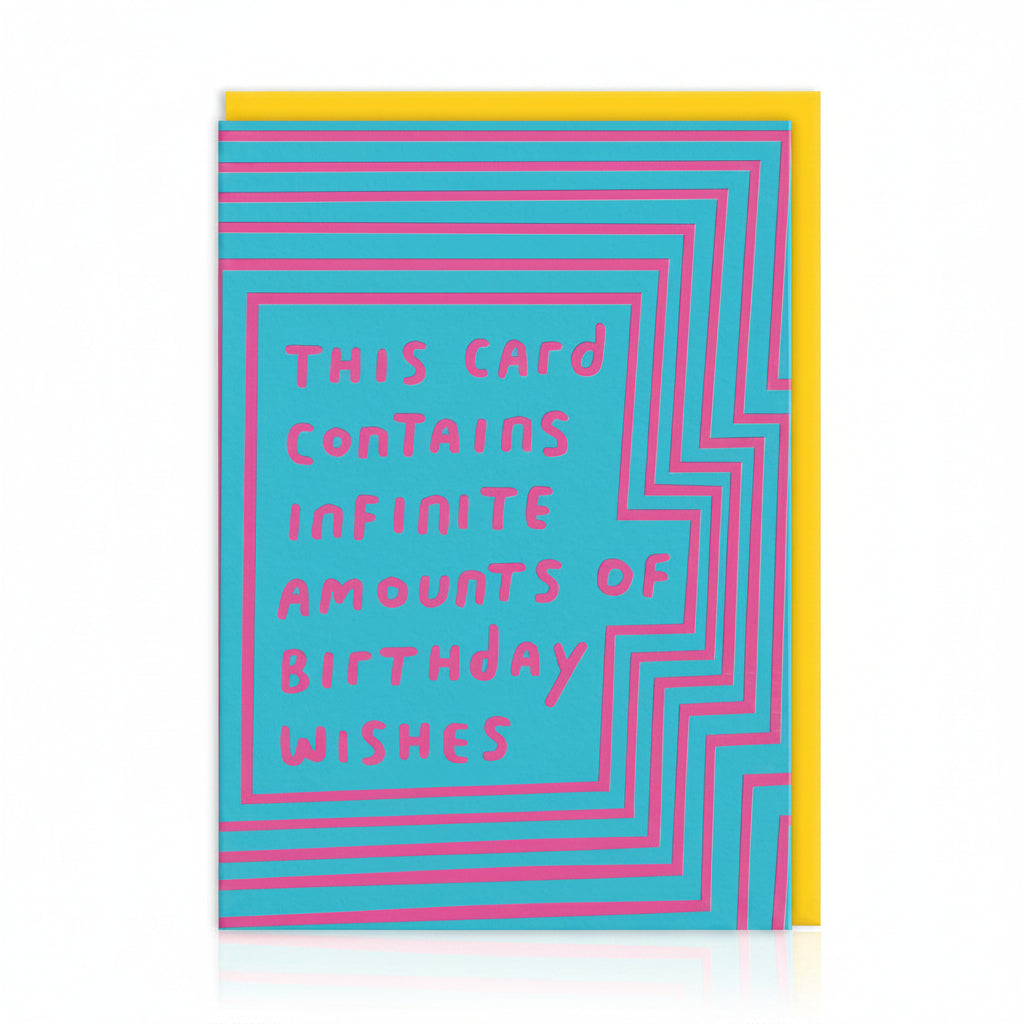Turquoise birthday card with pink op-art lines and hand-lettered wishes