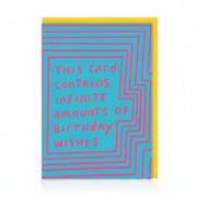 Turquoise birthday card with pink op-art lines and hand-lettered wishes