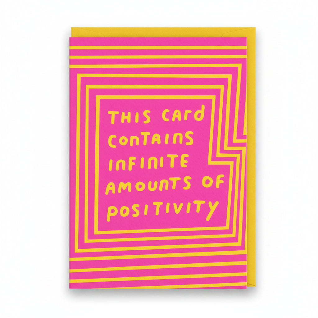 Hot pink card with yellow op-art lines and hand-lettered positivity message