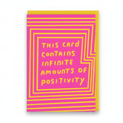 Hot pink card with yellow op-art lines and hand-lettered positivity message