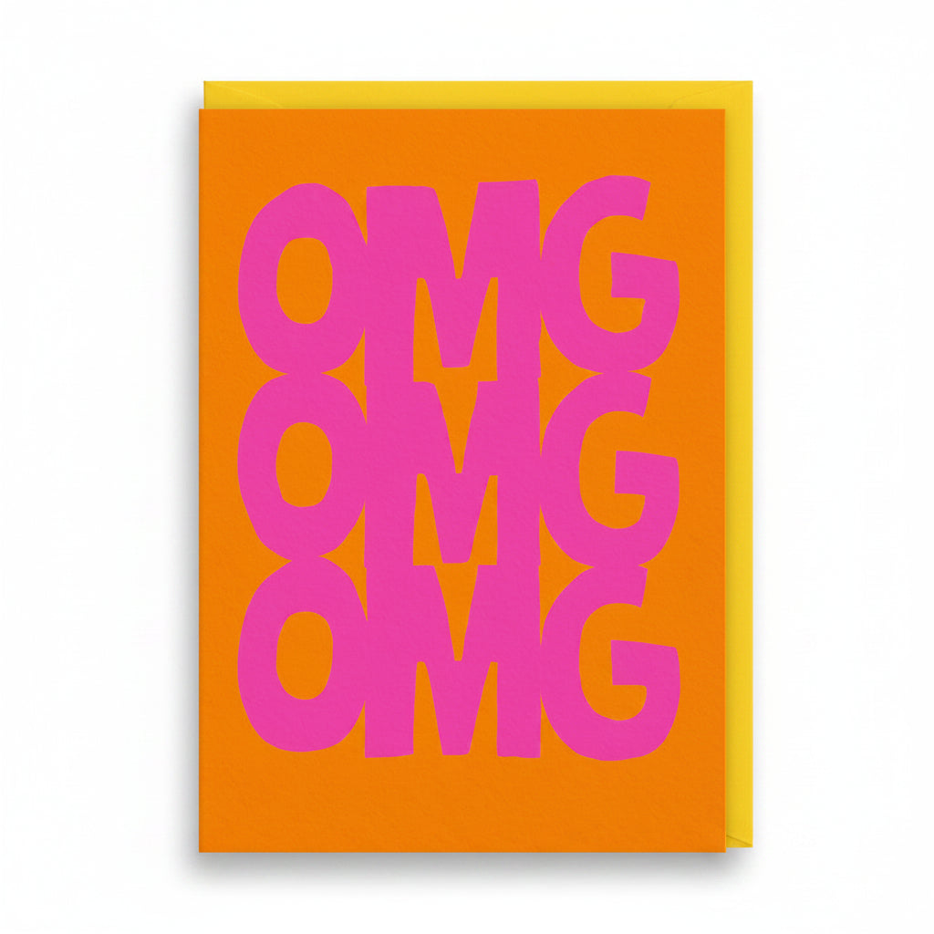Bright orange card printed with OMG three times in hot pink