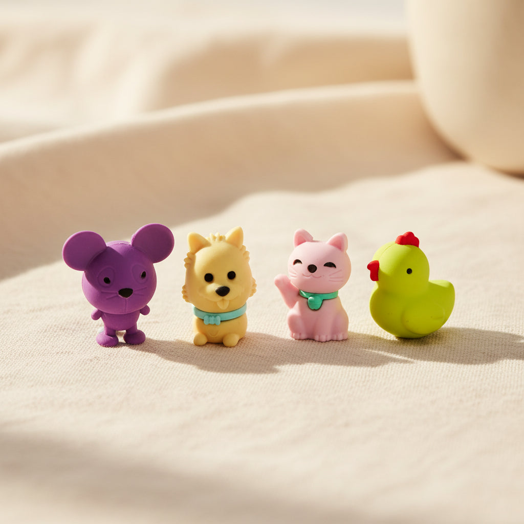 Set of 4 colourful animal erasers displayed in a row: purple mouse, yellow dog, pink cat, and yellow chick