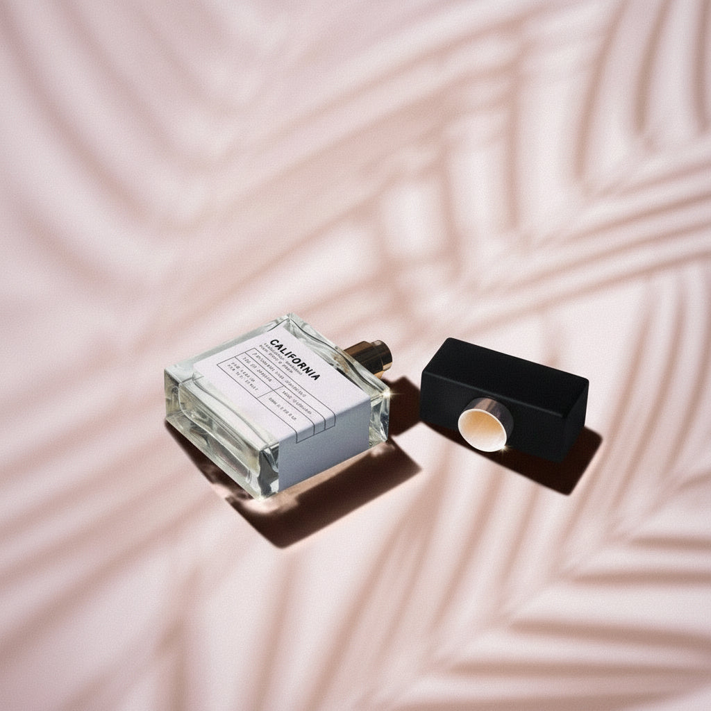 Ampersand California perfume overhead view on pink surface