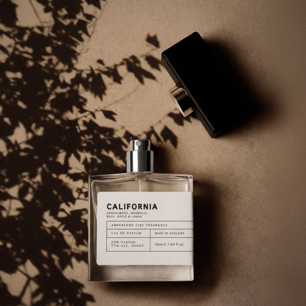 California fragrance bottle styled with warm leaf shadows