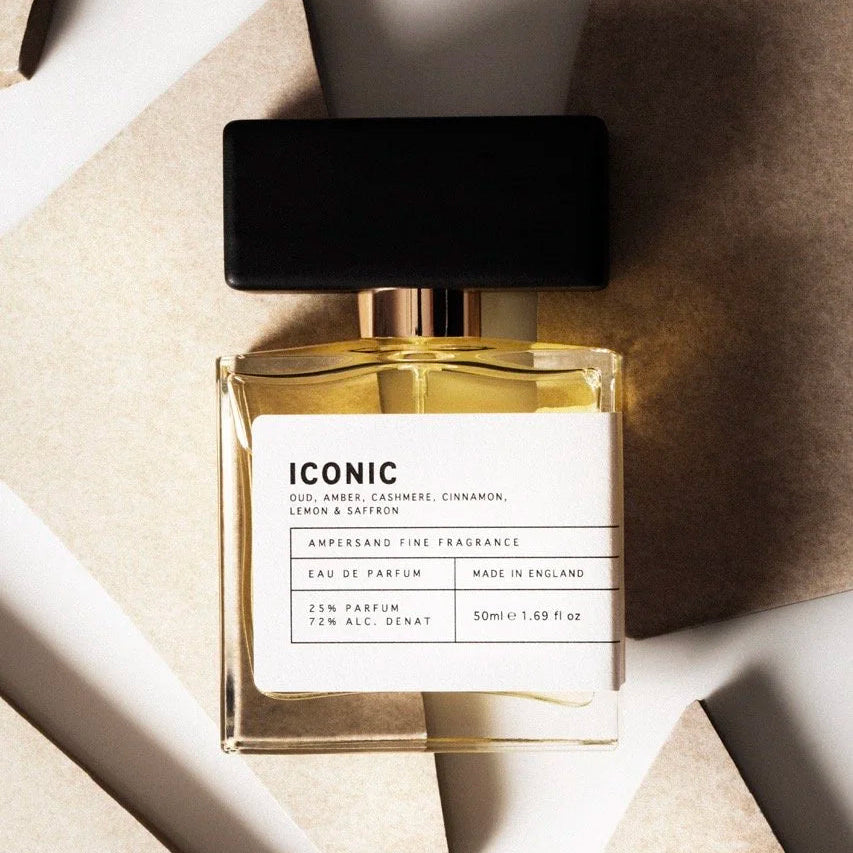 Iconic fragrance bottle styled on cream fabric with shadows