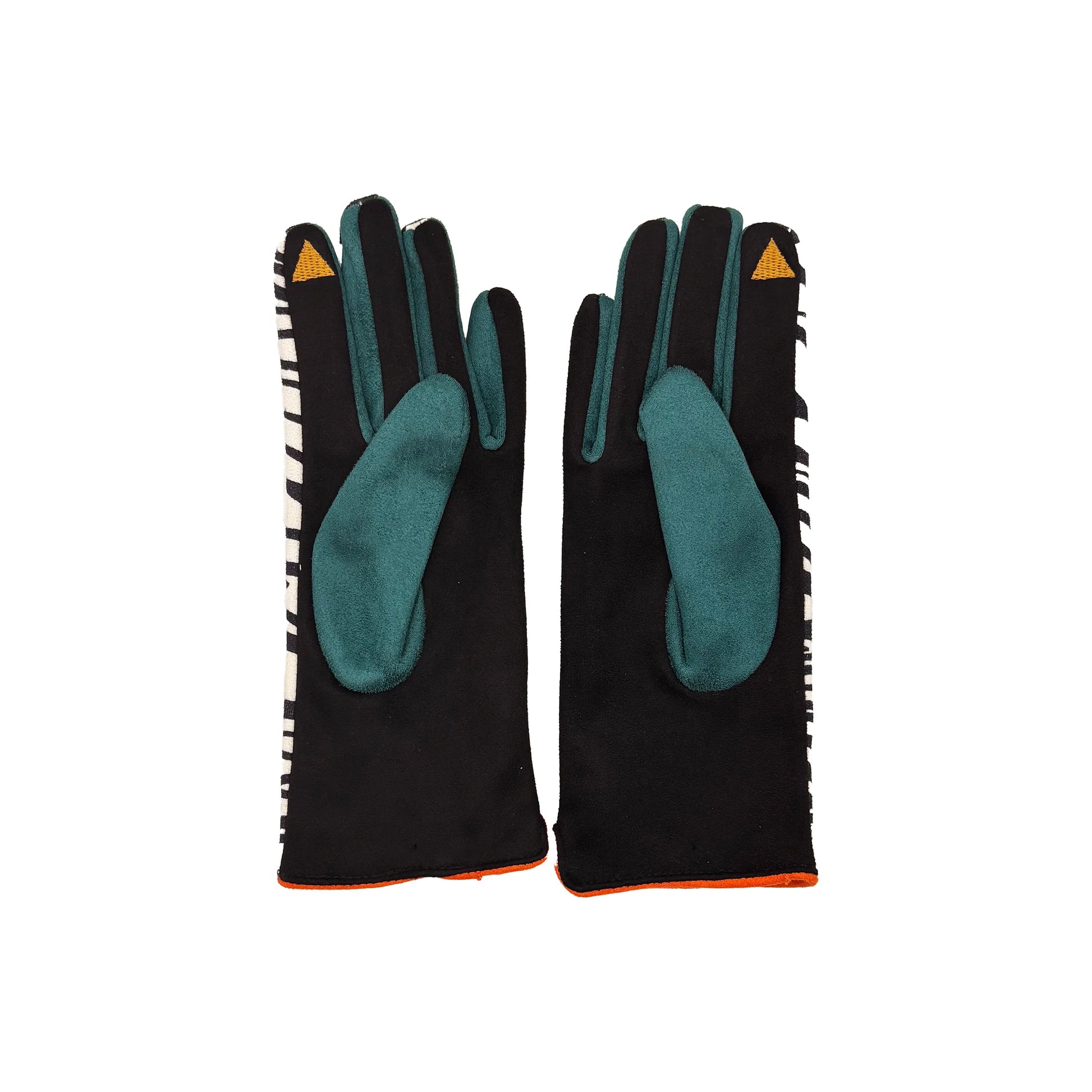 Back view of zebra print gloves with teal thumb patch and touchscreen tip.